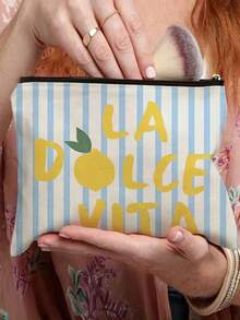 Blau-weiß gestreifte Zitronen-Kosmetiktasche/Italienischer Vibe/Frischer Party-Hot-Style/La Dolce Vita Vintage Aufbewahrungstasche/Touch-Up wie im Urlaub - Verschiedenfarbig - Übersicht 3