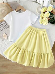 2pcs/Set Young Girls Figure & Floral Print T-Shirt + Solid Color Bow Decor Elegant A-Line Skirt Set, Summer - Yellow - View 2