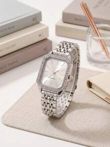 1pc/Set Teenager Octagonal Rhinestone Trim Quartz Watch, No Packaging Box, Metal Steel Band Wristwatch, Suitable For Back To School, Vacation And Holiday Wear - Silver - View 3