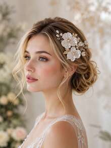 KOVLYNE 1Pc White Shell Flower Pearl Rhinestone Hair Clip - Gold Filigree Leaf Alligator Barrette, Styling Supplies For Wedding, Bridal & Formal Photoshoot ﻿ - Gold - View 7