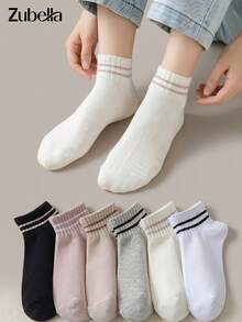 5PAIRS Women's White Black Comfort Striped Socks Athletic Striped Short Socks Ankle Socks,Style & Comfort Crew Socks, Suitable For All Seasons - View 2