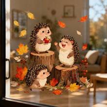 1pc Home Decoration Autumn Stump Hedgehog Static Adhesion Window Cling Fall Cute Animal Window Decals Reusable PVC Double-Sided Visible Glass 11.8*11.8in For Thanksgiving Halloween Home Glass Decor Aesthetic Fall Decorations - Hedgehog and Maple Leaf - View 4
