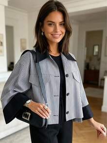 Women's Luxury Striped Woven Short Shacket, Shirt Collar, Button Front, Wrist Length Sleeves, Fashion Short Design - Black - View 3