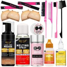 Goiple 16/17pcs Lace Tint Wig Install & Edge Perfecting Kit – Extreme Firm Hold Lace Wig Adhesive,Tint Mousse, Long-Lasting Edge Control & Wax Stick, Fast Melting Spray And Remover, Sweatproof, Curly/Wavy/Straight Hair,Wig Caps,Styling Brushe,Elastic Band - 16件中棕色 - 查看 12
