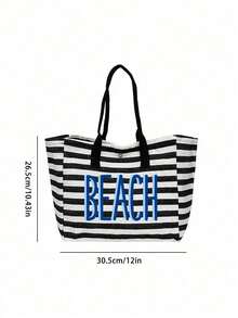大容量黑白條紋海灘托特包，印有「BEACH」標誌，可摺疊帆布肩背包，防水防沙，適合旅行、夏季海灘度假、泳池派對、購物及日常使用，適用於女性、學生、通勤者和旅行者，適合春假、復活節、母親節、開學、畢業、假期和禮物 - 彩色 - 查看 12