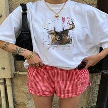 Heartfelt Daily Casual Graphic T-Shirt 100% Cotton Oversized Soft Breathable Casual Crewneck Short Sleeve Top Vintage Aesthetic Red Checkered Shorts Street Style Fashion Lovers Casual Wearers Daily Outfit Enthusiasts Gift Givers - 白色 - 查看 18
