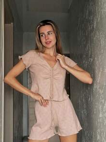 Elegant Pleated V-Neck Heart Hollow Out Short Sleeve Shorts Pajama Set For Women - Baby Pink - View 2