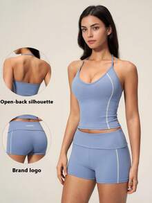 TimeOff Women's One Set Solid Color Adjustable Strap Camisole Tank Top And Wide Leg Mid-Length Shorts Sports Set - Blue - View 11