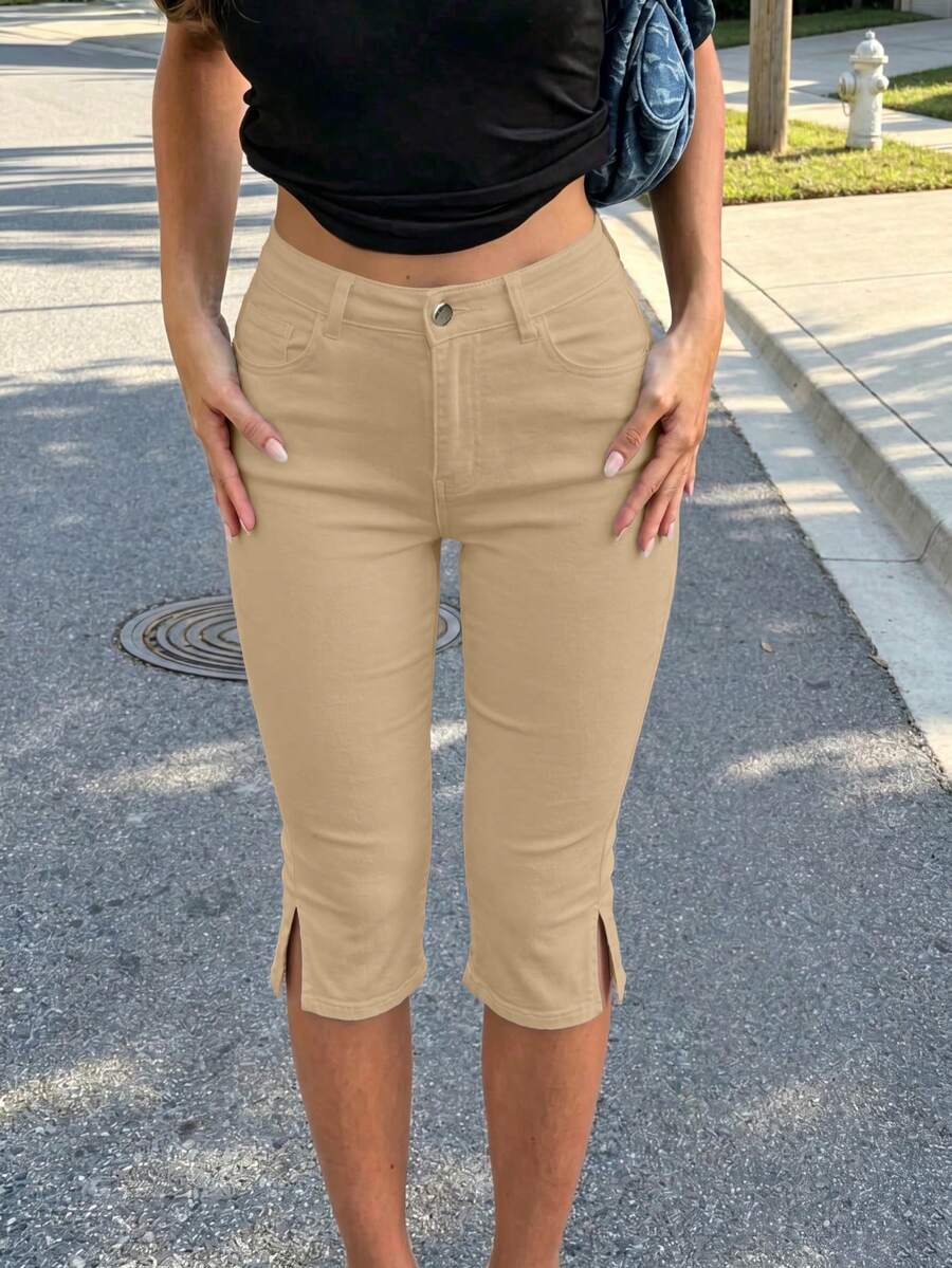 Mid-Waist Retro Stretch Split Hem 3/4 Length Slim Fit Skinny Jeans Denim Shorts Suitable For Summer Spring Casual Outings And Dating - Khaki - View 1