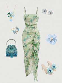 2026 New vestidos casual  Vestido de mujer con unicolor, volantes fruncidos y dobladillo asimétrico, vestido de tirantes azul, conjunto de ropa de verano para mujer, atuendos para despedida - Verde - Ver 1