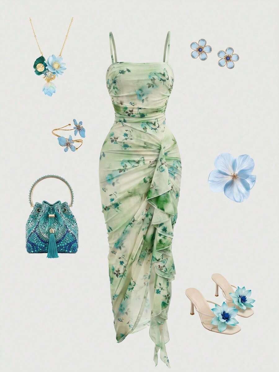 2026 New vestidos casual Vestido de mujer con unicolor, volantes fruncidos y dobladillo asimétrico, vestido de tirantes azul, conjunto de ropa de verano para mujer, atuendos para despedida - Verde - Ver 1