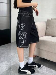 1pc Women's American Street Style Embroidered Black Denim Loose Wide Leg Jeans Fashion Summer Denim Shorts Casual - Black - View 7