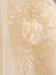 Vestido de niña de flores con mangas abullonadas, apliques de cuentas y cola de tul color champán, adecuado para recital de piano y fiesta de noche, con perlas falsas incrustadas al azar, diadema no incluida - Champán - Ver 8