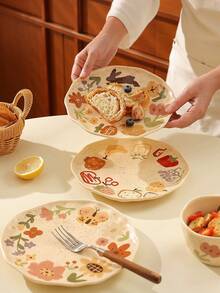 Hand-Painted Fruit Doodle 8.5 Inch Ceramic Plate, Hand-Painted Underglaze Craft, Asymmetrical Hand-Molded Plate, Salad Plate, Pasta Plate, Dessert Plate, Multi-Purpose Serving Tray, Suitable For Daily Use And Gifting. - Multicolor - View 3