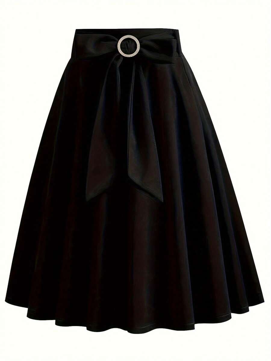 Dress + Solid Color Dress With Front Bow - Black - View 1