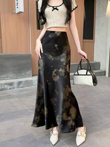 Satin Tie-Dye Chinese Ink Style Mermaid Skirt, Spring/Summer Slim Fit A-Line Skirt Black - Black - View 3