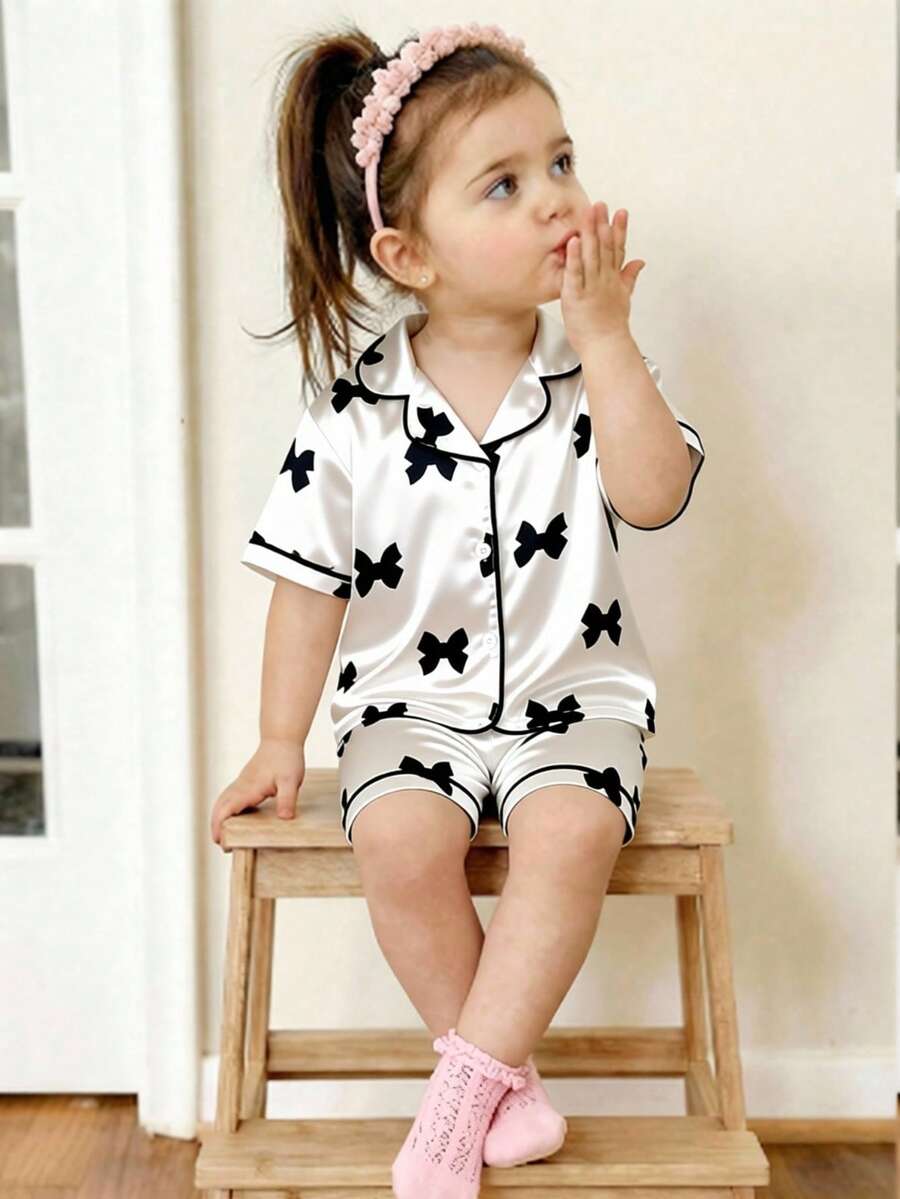 Conjunto de parte superior de manga corta y pantalones cortos con estampado de moño para niñas bebés, primavera/verano - Blanco - Ver 1