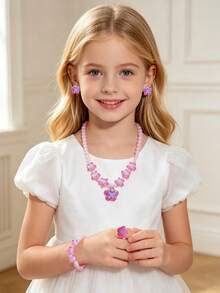5pcs/Set Cute Flower Pendant Beaded Necklace, Bracelet, Ring And Ear Clip Jewelry Set For Kids, Suitable For Daily Wear, Holiday Party, Birthday Gift - one-size - View 2