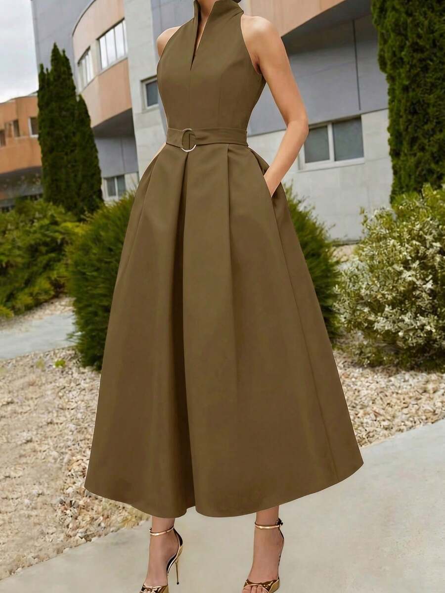 Elegant Women's Dress With A Tie Waist And A-Line Silhouette, New Spring/Summer And Fall/Summer Styles, Sleeveless With A V-Neck, Suitable For The Office Or Everyday Wear In Black. - 柿子2 - 查看 1
