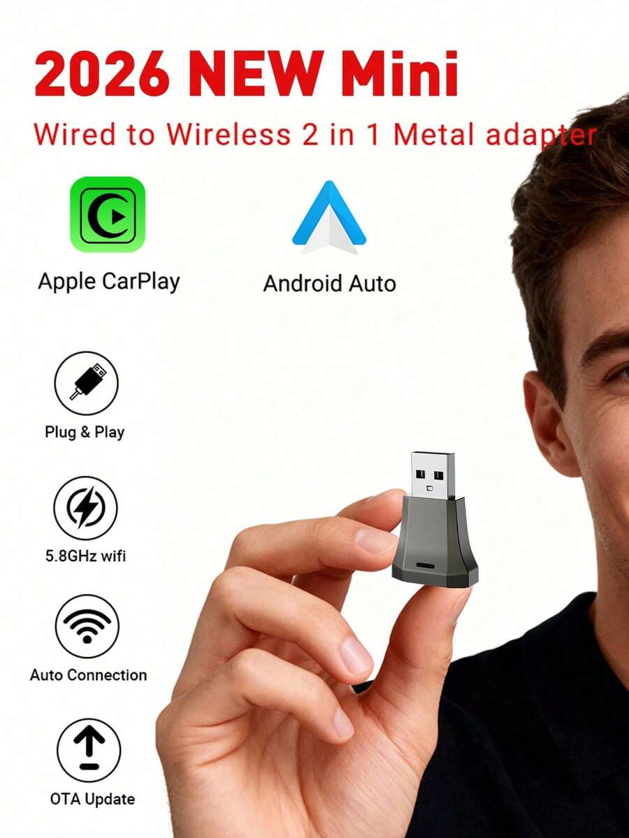 XUDA 2026 Nueva Caja Inteligente Compacta & Exquisita, Adaptador Mini 2 en 1 Inalámbrico CarPlay & Android Auto, Nuevo Convertidor CarPlay, Conexión Automática Rápida, Sin Retraso, Accesorios para Automóvil, De Cableado a Inalámbrico, Con Puertos USB/USB-C - B - Ver 1