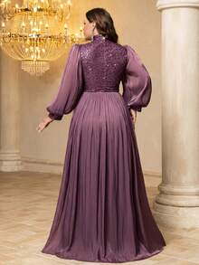 UNITHORSE Plus Women's Stand Collar Lantern Sleeve Sequins Patchwork Imitation Photocell Maxi Evening Dress Wedding Party - Purple - View 7