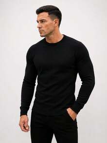 Men's Basic Knitting Sweater Round Neck Long Sleeve - Black - View 8