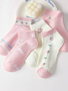 5 pares de calcetines tobilleros para mujer con lindo estampado de fresa, conejo y corazón, cómodos y suaves, absorbentes de sudor y transpirables, adecuados para uso diario, deportes y todas las estaciones - Multicolor - Ver 4