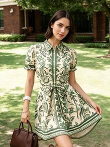 Collared Puff Sleeve Green Tropical Leaf Print Tie Waist Short A-Line Mini Dress Elegant Vacation - Multicolor - View 3
