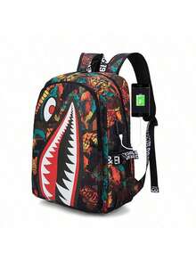 Shark Mouth Print Backpack With USB Charging Port, Large Capacity Laptop Bag For Gen Z Students, Back To School Campus Essential, Street Style, Trip - Multicolor - View 12