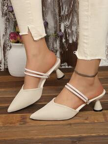 Women's Cream Vertical Stripe Knit Pointed Toe Slingback Sandals With Wine Glass Cone Heel, Commute & Party Style, Breathable Fit, Double Shiny Patent Leather Ankle Strap With Metal Buckle And Rhinestone Decor, Detachable 2-Way Wear - Beige - View 6