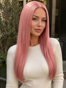 28 Inch Pink Middle Part Long Straight Wig, Elegant Women's Wig, Natural Style, Elegant And Fashionable, Easy To Wear, Suitable For Daily, Party, Halloween And Carnival And Other Various Celebration Events. - Pink - View 9