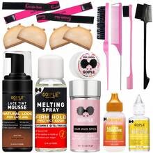 Goiple 16/17pcs Lace Tint Wig Install & Edge Perfecting Kit – Extreme Firm Hold Lace Wig Adhesive,Tint Mousse, Long-Lasting Edge Control & Wax Stick, Fast Melting Spray And Remover, Sweatproof, Curly/Wavy/Straight Hair,Wig Caps,Styling Brushe,Elastic Band - 16件深棕色 - 查看 12