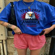 Heartfelt Daily Casual Graphic T-Shirt 100% Cotton Oversized Soft Breathable Casual Crewneck Short Sleeve Top Vintage Aesthetic Red White Checkered Shorts Patriotic Eagle Design For Casual Wearers Fashion Lovers Daily Outfit Enthusiasts Gift Givers - 藍色 - 查看 18