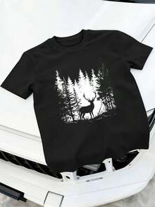 M en's Forest Deer pri nt T-Shirt, Spring Casual Breathable Graphic Design - Preto - Ver 2