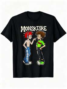 Camiseta negra con estampado de dos personajes animados y texto MONSKISKE para uso casual - Negro - Ver 1