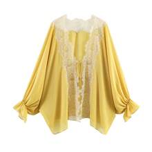 Women Fashion Elegant Lace Stitching V Neck Tops Summer Loose Lace Up Blouse - Mustard Yellow - View 5