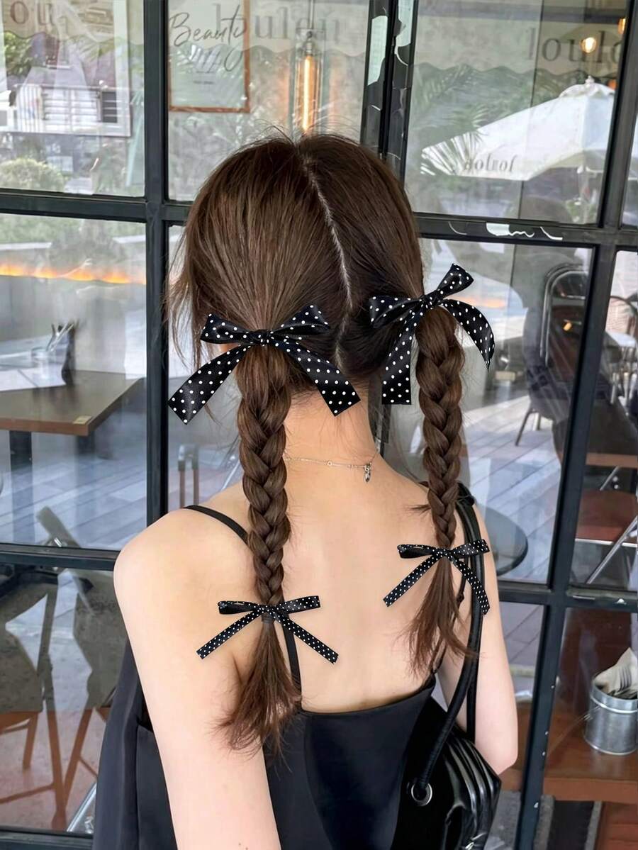 4件組女款復古波點緞面蝴蝶結髮夾，甜酷風編髮雙馬尾髮飾，適合各種場合，髮爪