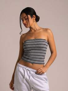 TCVC Black White Striped Ribbed Tube Top For Women, Backless Strapless Bandeau With Removable Pads, Slim Fit Cropped Casual , 3 Colors Sports Summer - Grey - View 7