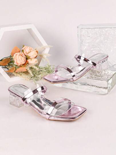 1 Pair Women Pink Elegant Dual Strap Clear Heel Open Toe Sandals Slip On Banquet Holiday Elegant Summer New Style