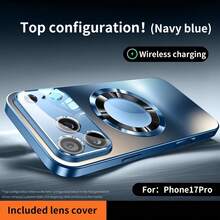 [Local Delivery Within 24 Hours]Matte Metallic Silver Phone Case, Available In Multiple Colors, With A High-End Appearance, Large Glass Lens Window Paired With A Circular Magnetic Decoration, And -Plated Gold Edges Outlining The Frame. The Integrated Lens Protection Cover Is Paired With A Circular Decorative  And Features Clean, Rounded Edges. The Case Is Easy To Clean Without Leaving - 藍色 - 查看 3