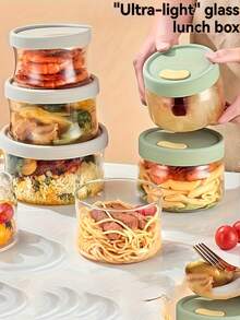 Caja bento redonda hermética de gran capacidad, contenedor de almacenamiento de alimentos de vidrio sellado para microondas, caja de conservación de alimentos frescos para refrigerador, caja bento de vidrio ligera - Multicolor - Ver 2