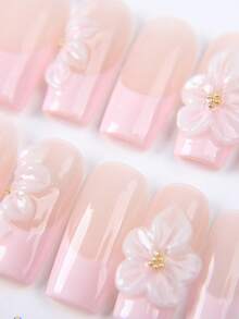 10pcs Glossy Medium Square Press-On Nails, Nude Pink Dual-Tone French Acrylic Nails With 3D Transparent White Flowers And Gold Bead Decor, Sweet And Elegant, Makes Hands Look Slender, Reusable, Suitable For Daily Wear And Dates, Girls Gift, Hot-Selling 3D Floral Pink French Nail Stickers Handmade Press On Nails - Baby Pink - View 4