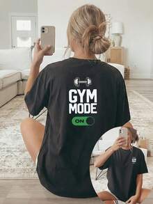 New Summer 2026 Collection, [Double-Sided Print] With Dumbbell Pattern And "GYM MODE" Text Print, Short-Sleeved Round-Neck Casual Top, Suitable For Wo - Black - View 2
