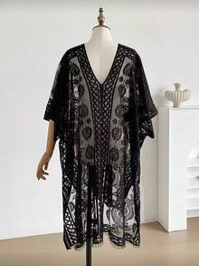 1pc Solid Color Elegant Floral Pattern Lace Hollow Out Shawl, Women's Summer Travel Sun Protection Beach Pullover V-Neck Wrap, Suitable For Vacation And Travel - Black - View 4