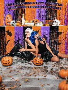 1pc Halloween Sequin Foil Tassel Table Skirt, Halloween Party Decoration, Suitable For Birthday, Back To School Party, Rectangular Round Table, Halloween Party Tabletop Decoration, Indoor Outdoor Party Supplies, Perfect Halloween Party Tabletop Decoration - A - View 3