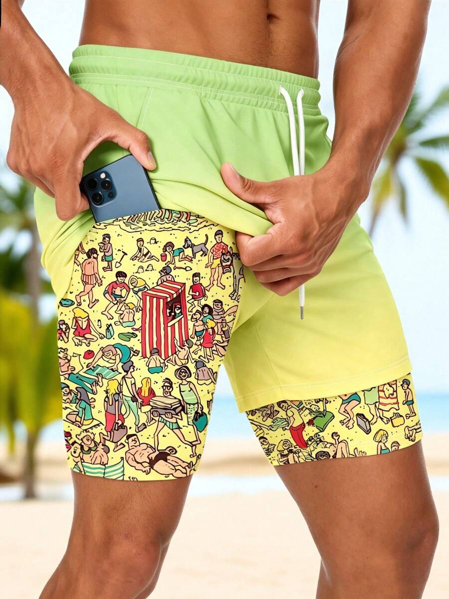 Pantalones cortos de playa de doble capa con estampado divertido de verano para hombres - Multicolor - Ver 1