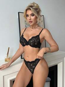 1套女款黑色蕾絲拼接鋼圈薄杯舒適內衣套裝 - 黑色 - 查看 3