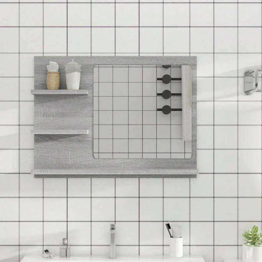vidaXL Espejo de baño con 3 estantes, estante con espejo, espejo de pared, espejo de baño, mueble de baño, gris, 60x10,5x45cm, madera compuesta - Gris - Ver 1