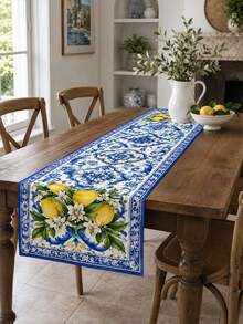 1 Piece Cobalt Blue Lemon Patterned Polyester Table Runner, Retro Ceramic Art Rectangular Table Runner, Outdoor Terrace Tabletop Decoration, Summer Mediterranean Vacation, Backyard Barbecue, Garden Party, Autumn And Winter Tabletop Decoration. - Multicolor - View 13