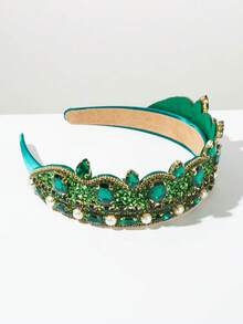 1pc European & American New Solid Color Heavy Craft Pearl & Gemstone Crown Wide Headband, High-End Elegant Versatile Hair Hoop Suitable For Wedding & Party Wear, Exquisite Clothing Accessory - FG1142-green - View 2
